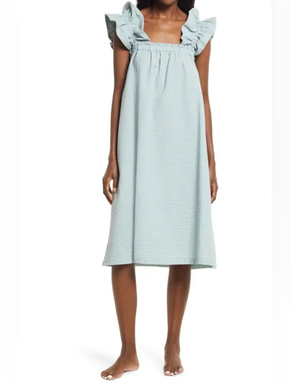 Open Edit Ruffle Sleeve seersucker Nightgown medium teal mist dress Cottagecore